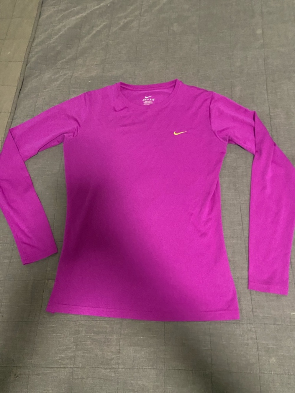 Nike Long Sleeve Dri-FIT Top in Vibrant Magenta with Yellow Swoosh Medium